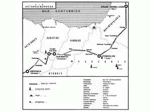 calzada romana (Asturica-Burdigala) que cruzaba todo el País Vasco. Entraba en la Autrigonia por Virovesca (Briviesca) para continuar por Deobriga (Puentelarra), Veleia, Suessatio, Tullonium, Alba, Aracelium (H. Araquil), Alantone, Pompailon, Iturissa y Sumus Pyreneus (Ibañeta), para luego descender por Carasa (Garris), Aquae Tarbellicae (Dax), Moseonum, Segosa, Losa, Boü y Burdigala (Burdeos). Auñamendi Calzada Astorga-Burdeos (Auñamendia)