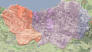 Mapa de los dialectos vascos (Zuazo 2010): occidental (rojo), central (violeta), oriental (azul) Dialectos vascos (Zuazo 2010): occidental (rojo), central (violeta), oriental (azul)