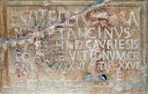 L VITELLIVS MANTAI F TANCINVS CIVES HISP CAVRIESIS EQ ALAE VETTONVM C R ANN XXXXVI STIP XXVI H S E "Lucius Vitellius Tancinus, hijo de Mantai, un ciudadado de España, de Caurium (Coria), tropa del Ala Vettona, Ciudadanos de Roma, de 46 años con 26 años de servicio. Aquí descansa." (RIB 159; tombstone) L VITELLIVS MANTAI F TANCINVS CIVES HISP CAVRIESIS EQ ALAE VETTONVM C R ANN XXXXVI STIP XXVI H S E "Lucius Vitellius Tancinus, hijo de Mantai, un ciudadado de España, de Caurium (Coria), tropa del Ala Vettona, Ciudadanos de Roma, de 46 años con 26 años de servicio. Aquí descansa." (RIB 159; tombstone)