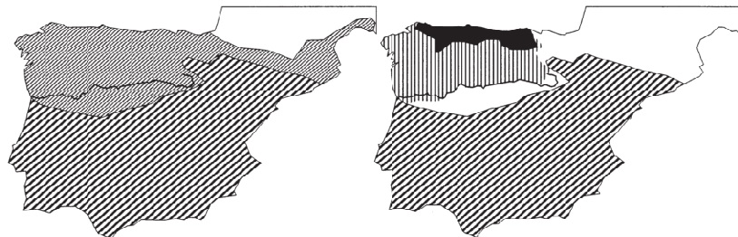La evolución del noroeste ibérico desde la octava de mediados a finales del siglo IX; al final del control Árabe de la meseta del Duero (izquierda) y expansión del territorio asturiano bajo Ordoño I y Alfonso III (derecha).