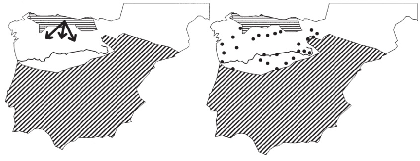 Los ataques de Alfonso I contra las llanuras, según la Albendense (izquierda) y la crónica de Alfonso III (derecha).