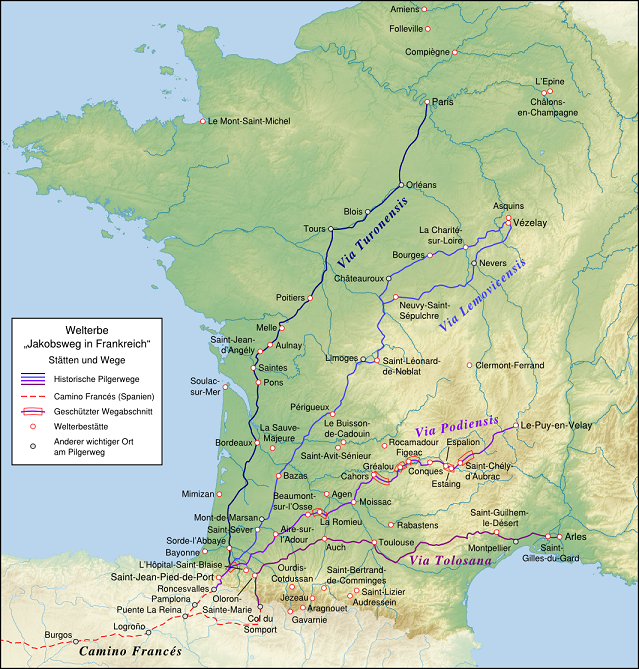 Map of the world heritage sites of the Way of St. James in France. German localization.