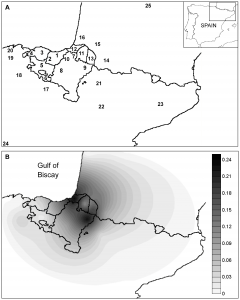 Distribution map of haplogroup U5b1f within the Franco-Cantabrian region